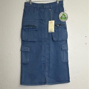 LoveGen Women’s Size 5/28 Stretchy‎ Grey Blue Denim Cargo Midi Skirt NWT
